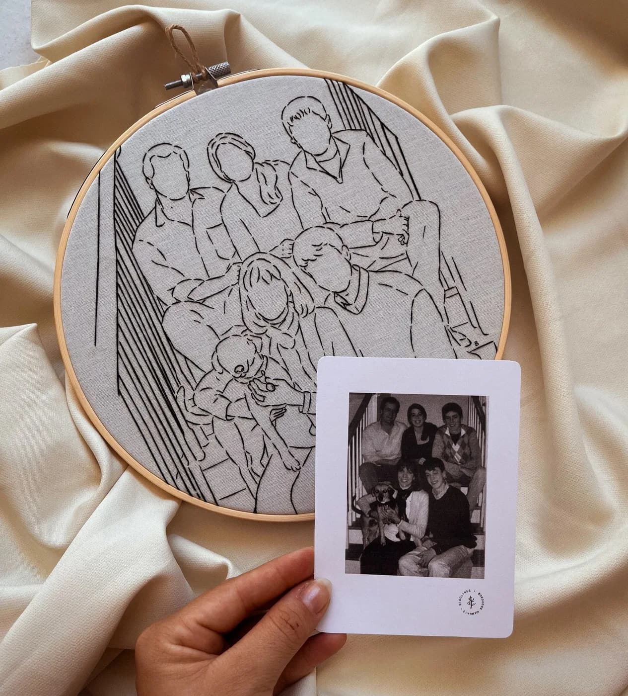 Foto original de uma família na escada ao lado do retrato bordado